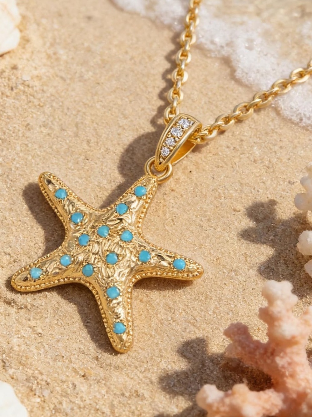 Anthropologie Gold Starfish Necklace with Turquoise Accents